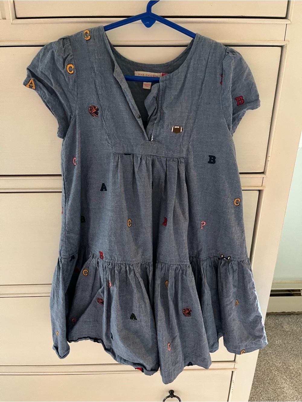 Pink Chicken Blue Chambray Alphabet Embroidered Dress